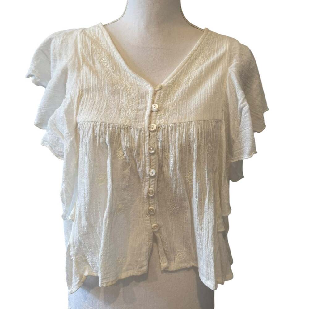 Rachel Roy Gauzy Embroidered Cotton Boho Flutter Sleeve Top White S